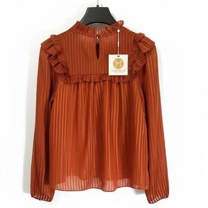 Marie Oliver Estelle Blouse in Clay Metallic Gold Stripes. Silk. Ruffle Accents